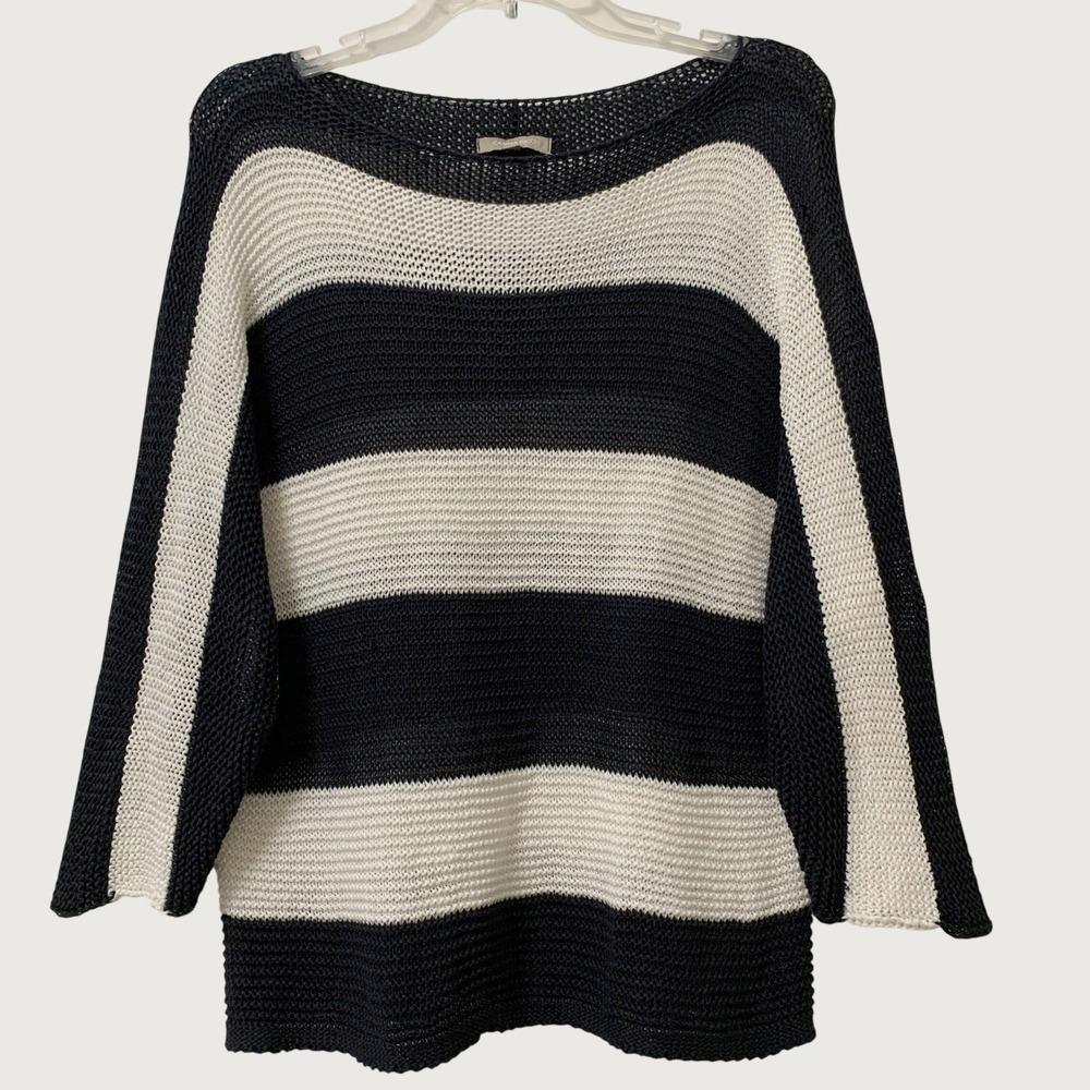 Carina Ricci Sweater Women L Navy White Striped Boat Neck Open Knit Top Italy